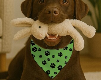 Green and Black Paw Print Dog Bandana | Custom Dog Scarf with Adjustable Collar | Stylish Pet Accessory & Dog Mom Gift