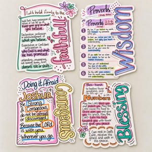 May include: Four die-cut stickers featuring hand-lettered religious text and colorful illustrations. The stickers display Bible verses from Proverbs, Joshua, and Numbers, with words like Faithful, Wisdom, Courageous, and Blessing in large script.