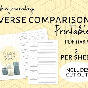 Könnte beinhalten: Druckbare Bibel-Journal-Seite mit einer Versvergleichstabelle. Die Seite hat einen hellblauen Hintergrund mit einer Sonne und Kerzen. Der Text "Das Licht der Welt" ist in Weiß geschrieben. Die Tabelle enthält Spalten für verschiedene Bibelversionen, darunter NASB, ESV, NIV und mehr. Die Seite ist für den Druck auf Papier im Format 28x21.5 cm konzipiert und enthält einen Ausschnitt.