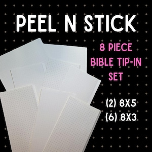 May include: Eight piece peel and stick Bible tip-in set. Includes two 8x5 inch and six 8x3 inch sheets.