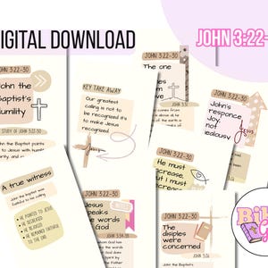 May include: A collection of digital study guide pages featuring John 3:22-30. The pages include text about John the Baptist, key takeaways, and notes in a neutral colour palette with cross icons, arrows, and the text Bible Girls study guides.