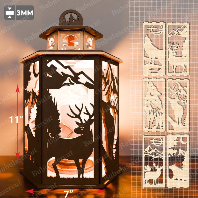May include: A wooden laser cut lantern featuring a deer design. The lantern measures 11 inches in height and 7 inches in width. The lantern is illuminated, showcasing the deer design through the cutouts. Surrounding the lantern are four smaller laser cut panels with various designs, including a deer, a bear, and a mountain scene.