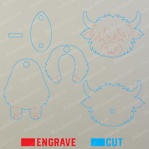 May include: Laser-cut Highland cow design elements in blue and red, including a full face, a head, and body shapes. The word "ENGRAVE" is in red, and "CUT" is in blue.
