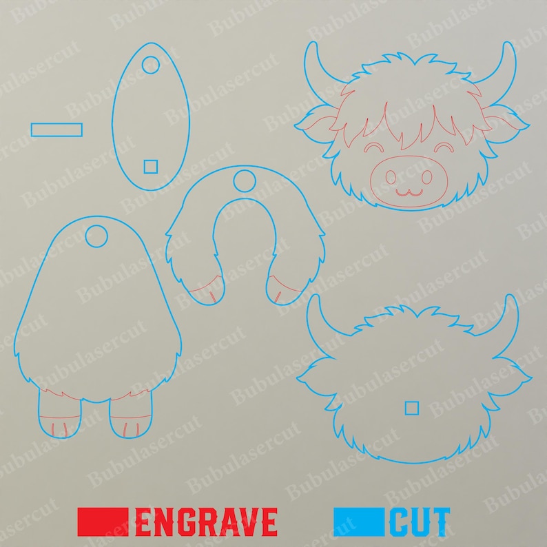 May include: Laser-cut Highland cow design elements in blue and red, including a full face, a head, and body shapes. The word "ENGRAVE" is in red, and "CUT" is in blue.