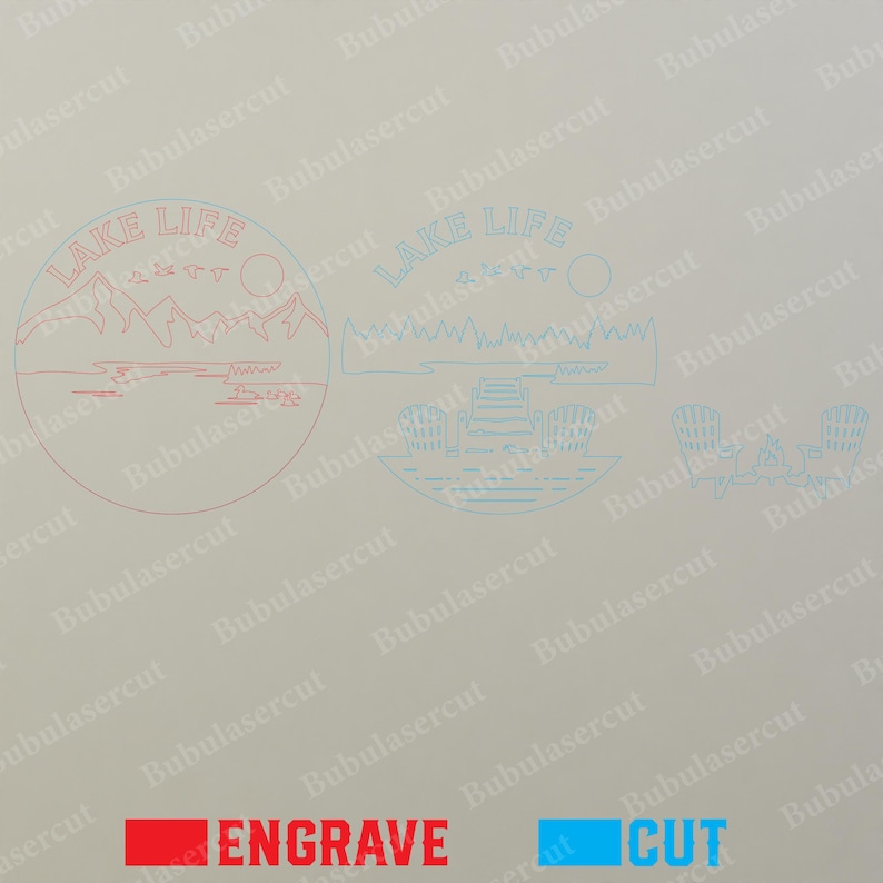 May include: Laser-cut designs with a lake theme. The image features the text "LAKE LIFE" with illustrations of mountains, a lake scene, a dock with chairs, and a campfire. The word "ENGRAVE" is in red, and "CUT" is in blue.