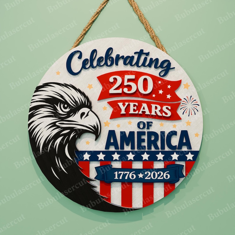 Amerika 250 SVG-paket med 8 patriotiska dörrhängardesigner, 1776–2026 självständighetsdagen laserskurna runda skyltfiler /B498 bild 12