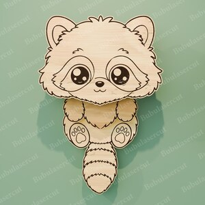 May include: A wooden raccoon cutout with large, expressive eyes and a fluffy tail. The raccoon is light brown with black outlines, and the design is laser cut. The cutout is designed to be a decorative item.