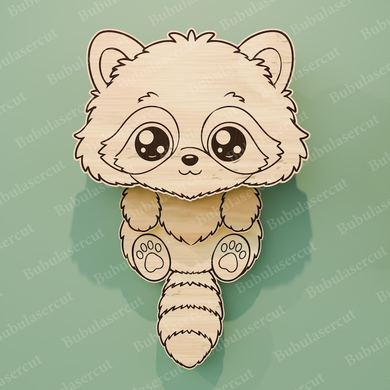 May include: A wooden raccoon cutout with large, expressive eyes and a fluffy tail. The raccoon is light brown with black outlines, and the design is laser cut. The cutout is designed to be a decorative item.