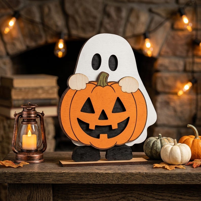May include: A wooden cutout decoration featuring a white ghost holding an orange jack-o'-lantern with a black face. The ghost has black oval eyes and the pumpkin has a triangular nose and a jagged mouth. It stands on a flat rectangular base.