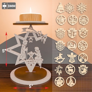May include: A wooden Christmas nativity scene with a star-shaped base and a candle holder. The scene features a manger with Mary, Joseph, and the baby Jesus. The base is 5 inches in diameter and the overall height is 5 inches. The set includes 20 interchangeable wooden ornaments.