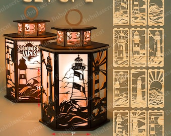 Lighthouse Lantern SVG Bundle, Summer Vibes 3D Lantern Laser Cut Files, Coastal Light House Decor for Glow Light Box /B176