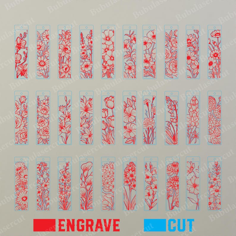 May include: A collection of red floral designs on rectangular shapes, likely bookmarks, with a small hole at the top. The word "ENGRAVE" is in red text at the bottom, with "CUT" in blue. The designs feature various flower types.