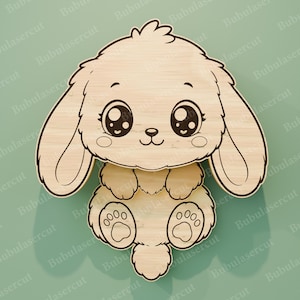 May include: A wooden bunny-shaped cutout with large, expressive eyes and fluffy details. The design features long ears, a small nose, and paw prints. The light-colored wood contrasts with the dark outlines, creating a charming, cartoonish aesthetic.