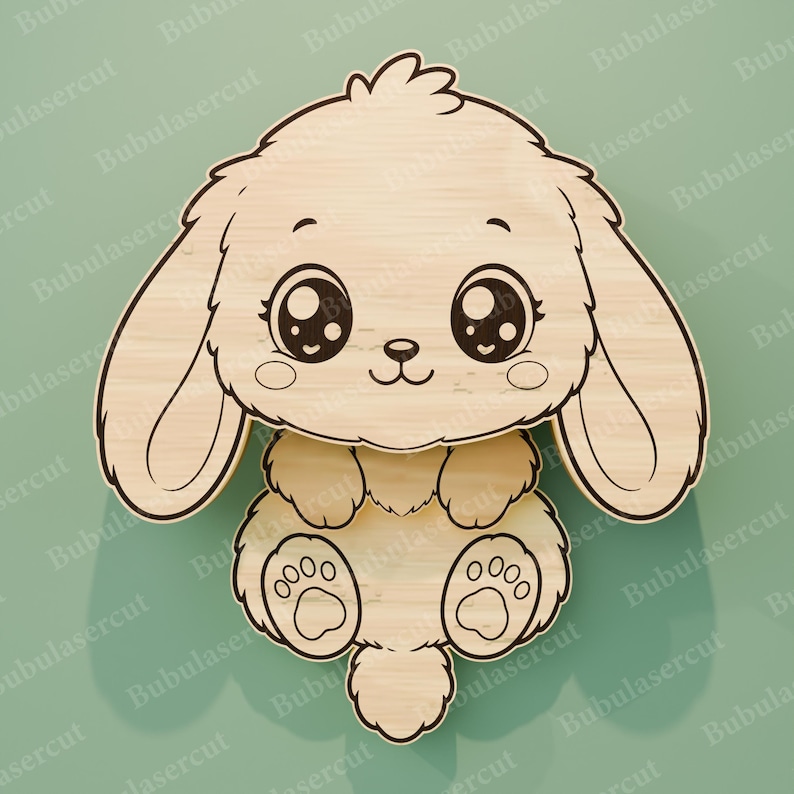 May include: A wooden bunny-shaped cutout with large, expressive eyes and fluffy details. The design features long ears, a small nose, and paw prints. The light-colored wood contrasts with the dark outlines, creating a charming, cartoonish aesthetic.