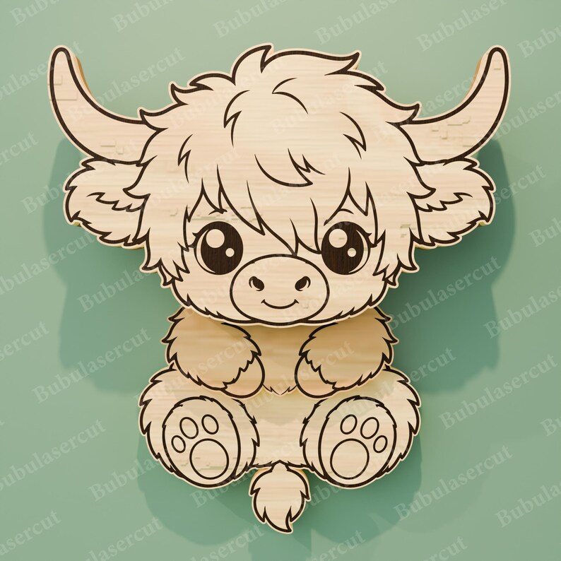 May include: Wooden Highland cow cutout with a cute design. The cow has large eyes, fluffy fur, and a smiling face. The cutout is made of light-colored wood and features detailed laser-cut lines. The cow is sitting with its paws visible.