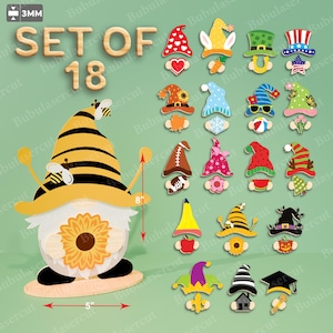 May include: A set of 18 wooden gnome cutouts. The large gnome is 8 inches tall and 5 inches wide, with a sunflower body and a bee-themed hat. The set includes various gnome hats with different designs.