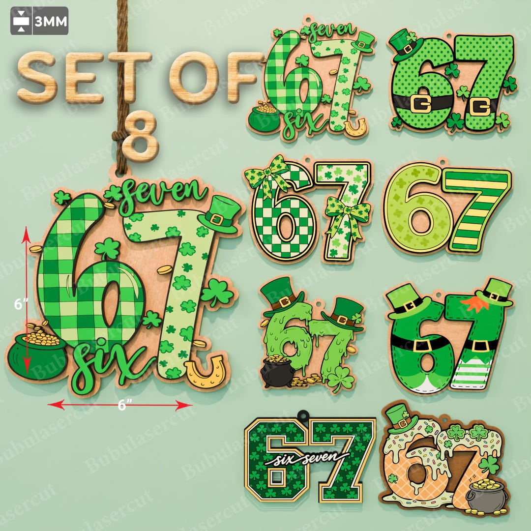 67 Svg Lasercut, St Patrick Number Svg, Lucky 67 Ornament Set, Six ...