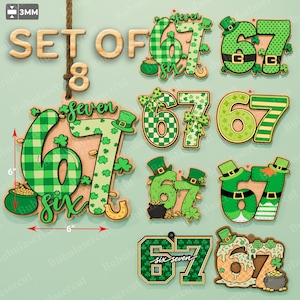 May include: A set of eight wooden St. Patrick's Day decorations. Each decoration features the numbers "67" in various green patterns, with shamrocks, leprechaun hats, and pots of gold. The set includes a 6-inch by 6-inch decoration.