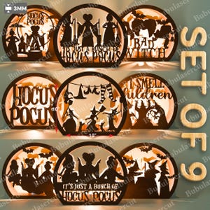 May include: Set of nine laser-cut wooden Hocus Pocus-themed decorative lights. Each light features a circular design with silhouettes of witches, bats, and phrases like "It's just a bunch of Hocus Pocus." The lights are approximately 10 inches in diameter.