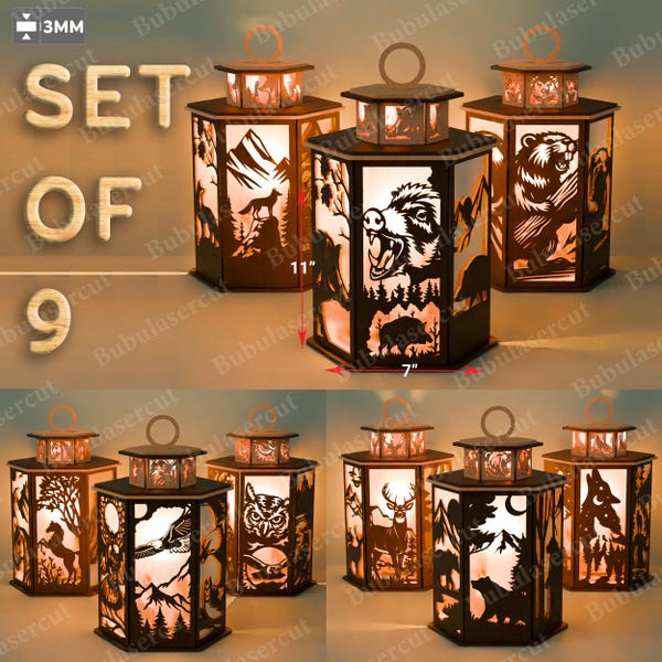 Wildlife Lantern SVG Bundle Set med 9, Björn, Hjort, Varg, Uggla, Älg, Skogsdjur, Laserskurna Lanternfiler, Rustik Stugadekor SVG /B207