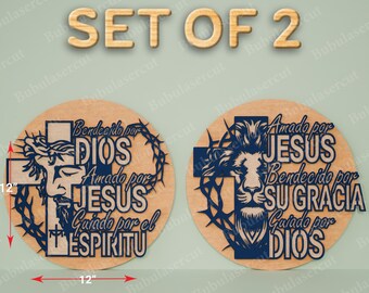 Spanish Christian Cross Wall Art Set Of 2, Bendecido Por Dios Sign, Amado Por Jesus Decor, Religious Quote Laser Cut Design /B90
