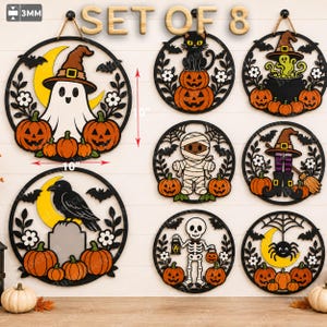 Puede incluir: Un set de 8 decoraciones de pared circulares para Halloween, cada una de 25,4 cm de diámetro y 3 mm de grosor. Los diseños incluyen un fantasma, gato negro, momia, esqueleto, araña y motivos de brujas, con calabazas, murciélagos y lunas en negro, naranja y blanco.