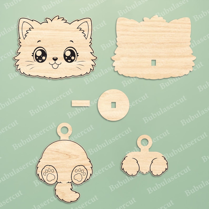 May include: A collection of wooden cat-themed craft pieces. Includes a cat face, a cat body, a tail, and other components. The pieces are designed to be assembled. The wood has a natural, unfinished appearance.