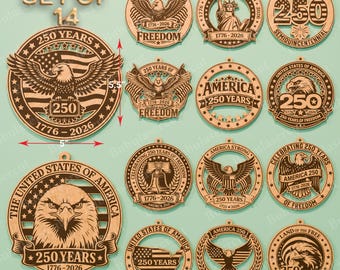 America 250 SVG Bundle Set mit 14 Vaterländischen Ornamenten, 1776–2026 Freiheit Laser Cut Dateien, Dekor zum Unabhängigkeitstag in den USA / B497