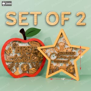 Set di 2 file SVG multistrato "Miglior insegnante", file tagliati al laser con mela e stella per regali per insegnanti, cartello in legno Glowforge 3D per decorazioni in aula /B141