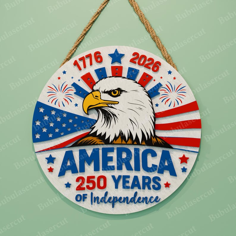Amerika 250 SVG-paket med 8 patriotiska dörrhängardesigner, 1776–2026 självständighetsdagen laserskurna runda skyltfiler /B498 bild 9