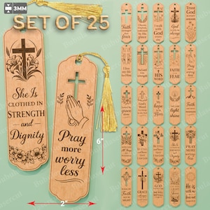 May include: Set of 25 wooden bookmarks with gold tassels. Each bookmark is 2 inches wide and 6 inches long. The bookmarks feature religious quotes and cross designs, laser cut from wood. One bookmark reads "She Is Clothed in Strength and Dignity."