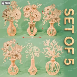 Paquete de archivos SVG de jarrones de madera para flores, jarrones cortados con láser, jarrones de madera 3D en formato SVG, arreglos florales, decoración del hogar en formato SVG, archivo de corte láser, descarga digital /B528