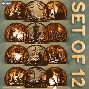 Könnte beinhalten: Ein Set aus 12 lasergeschnittenen Halloween-Dekorationen aus Holz. Jedes Stück ist ein kreisförmiges Design mit aufwendigen Ausschnitten, die Hexen, Kürbisse, Fledermäuse und Spukhäuser darstellen. Das größte Stück ist 25.4 cm breit und 20.3 cm hoch.