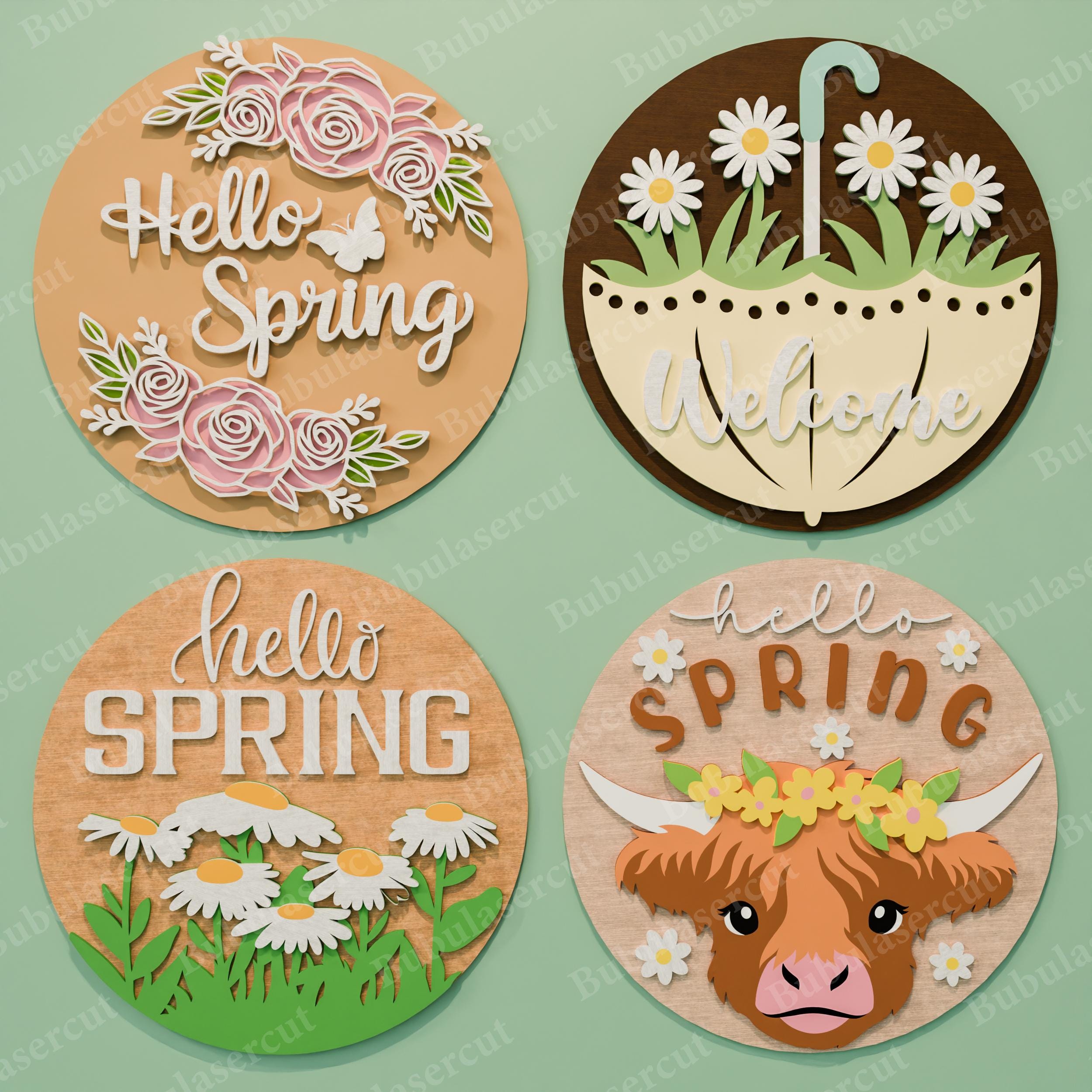 Spring Svg Lasercut, Spring Door Sign Bundle, Hello Spring Round Sign ...