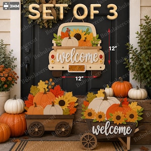 Welcome Fall Pumpkin Truck Bundle SVG, Autumn Wagon Wheelbarrow Door Hanger, Sunflower Harvest Porch Decor Sign Set Gift /B641
