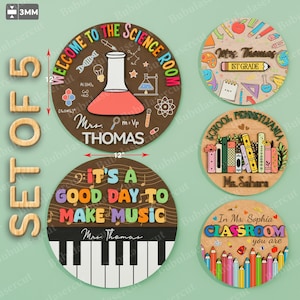 Lot de 5 plaque de porte enseignant SVG, plaque ronde personnalisée de salle de classe pour musique, sciences, lecture, matières scolaires – décoration découpée au laser / B137
