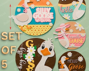 Silly Goose Round Sign SVG Bundle, Layered Funny Goose Door Hanger Cut File Set for Farmhouse Wall Decor or Cottagecore Gifts /B186