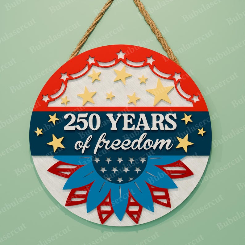 Amerika 250 SVG-paket med 8 patriotiska dörrhängardesigner, 1776–2026 självständighetsdagen laserskurna runda skyltfiler /B498 bild 6