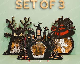 Halloween Haunted House 3D SVG Set of 3, Spooky Tree Witch Cat Multilayer Lighted Stand Sign Laser Cut Files for Fall Home Decoration /B181