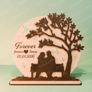 Personlig bröllopspar silhuett SVG, För evig kärlek trädskylt, årsdag romantik dekor, anpassad namn datum laserskuren design /B440 bild 10