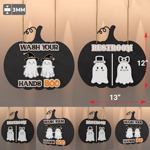 Halloween Bathroom Sign Set Of 2 With Cute Ghosts On Pumpkin Shape Featuring Restroom And Wash Your Hands Boo Quotes For Spooky Decor /P424