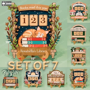 May include: Wooden book counter with a sleeping orange cat on a stack of books. The counter displays the numbers 1, 2, and 3. The text "Books read this year" and "Rosabella's Library" are also visible. The counter is 10 inches wide and 10 inches tall.
