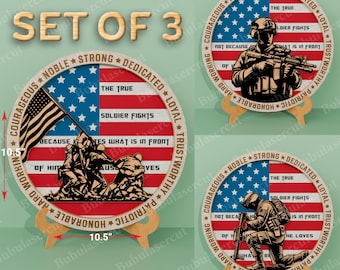 Set di 3 SVG "Onora il sacrificio dei soldati", cartello rotondo con bandiera americana patriottica per veterani, design in legno Glowforge tagliato al laser /B128