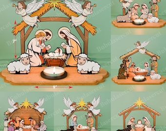 Nativity Candle Holder Decor svg, Christmas Nativity Scene lasercut set, Holy Family Tea Light Stand, Religious Xmas Table Display /B400