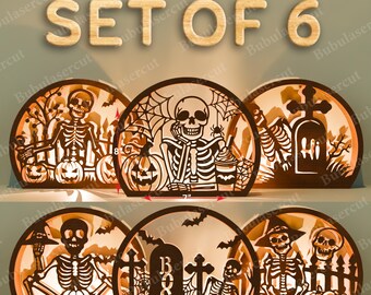 Skeleton Lantern Silhouette Set, Spooky Halloween Candle Holder Creepy Graveyard Light Decor Gothic Pumpkin Lamp, Haunted Table Accent /B273