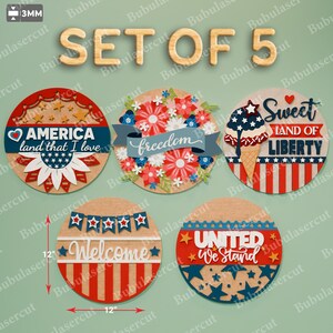 Pacote de placas redondas patrióticas SVG, 5 designs de 4 de julho cortados a laser com estrelas, flores, temas de liberdade e liberdade para decoração de portas /B173