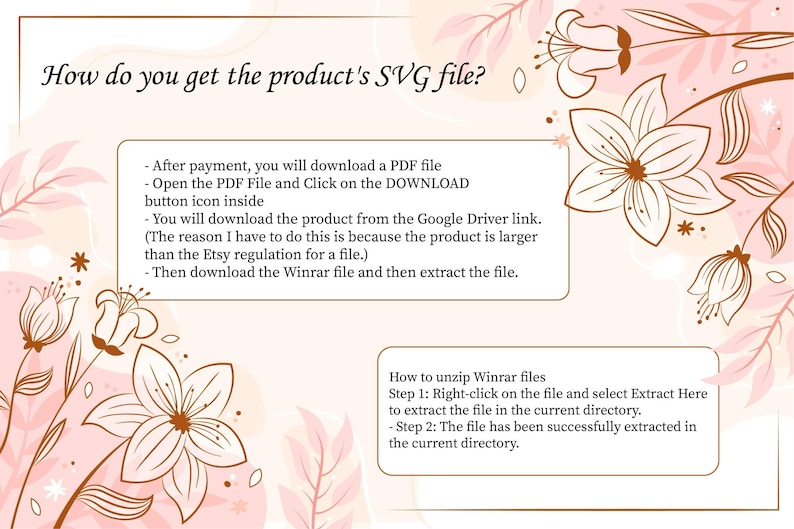 May include: A light pink and brown graphic with text explaining how to download an SVG file after purchase. The text includes instructions on downloading a PDF, clicking a download button, and extracting a Winrar file.