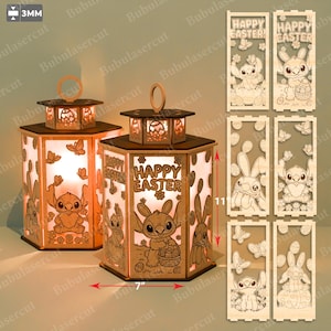 May include: Wooden Easter lanterns with a hexagonal shape, featuring cut-out designs of Stitch and Easter bunnies. The lanterns are approximately 7 inches wide and 11 inches tall. The text "HAPPY EASTER" is visible on the front. The lanterns are illuminated from within.