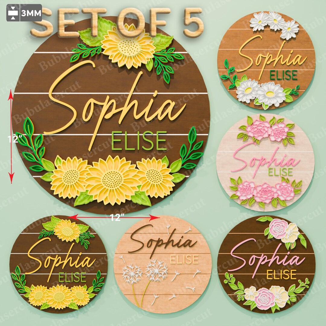 Floral Nursery Name Sign Svg Bundle 5 Designs, Sunflower and Daisy ...