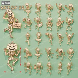 Peut inclure: Un ensemble de 25 découpes de squelettes en bois clair, d'une épaisseur de 3 mm. Un grand squelette tient un panneau indiquant HAPPY HALLOWEEN. Un autre grand squelette a une tête de citrouille et mesure 3 pouces sur 2 pouces. Divers squelettes sont représentés dans différentes poses, certains portant des chapeaux, tenant des citrouilles ou jouant des instruments.